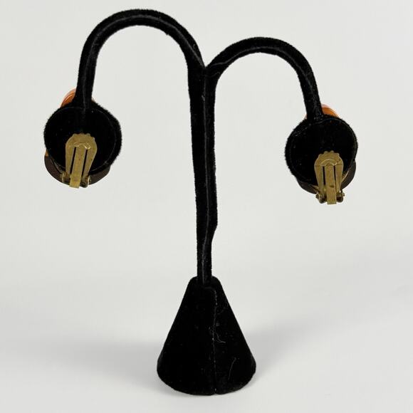 Rare Bakelite Wood Clip On Earrings 1940s Butterscotch Catalin Mid Century VTG - Picture 3 of 8